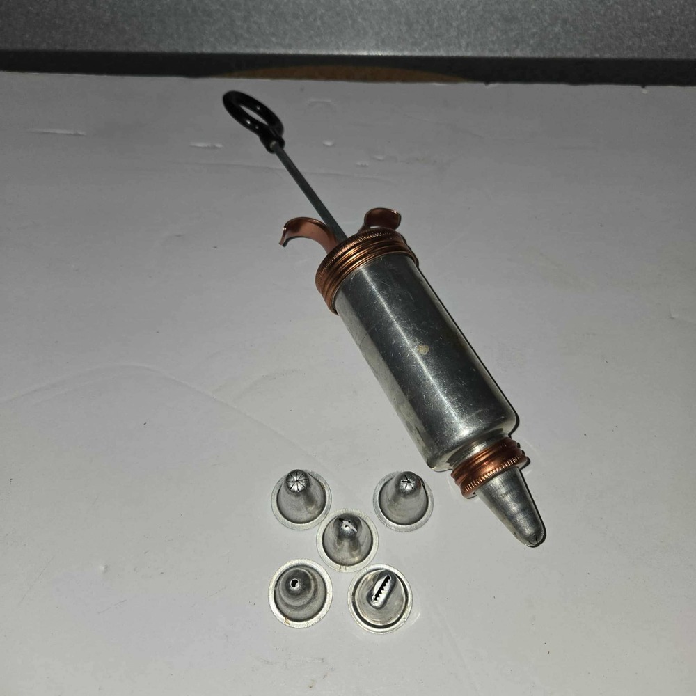Vintage Aluminum Pastry Decorator Icing Syringe Set with 6 Tips